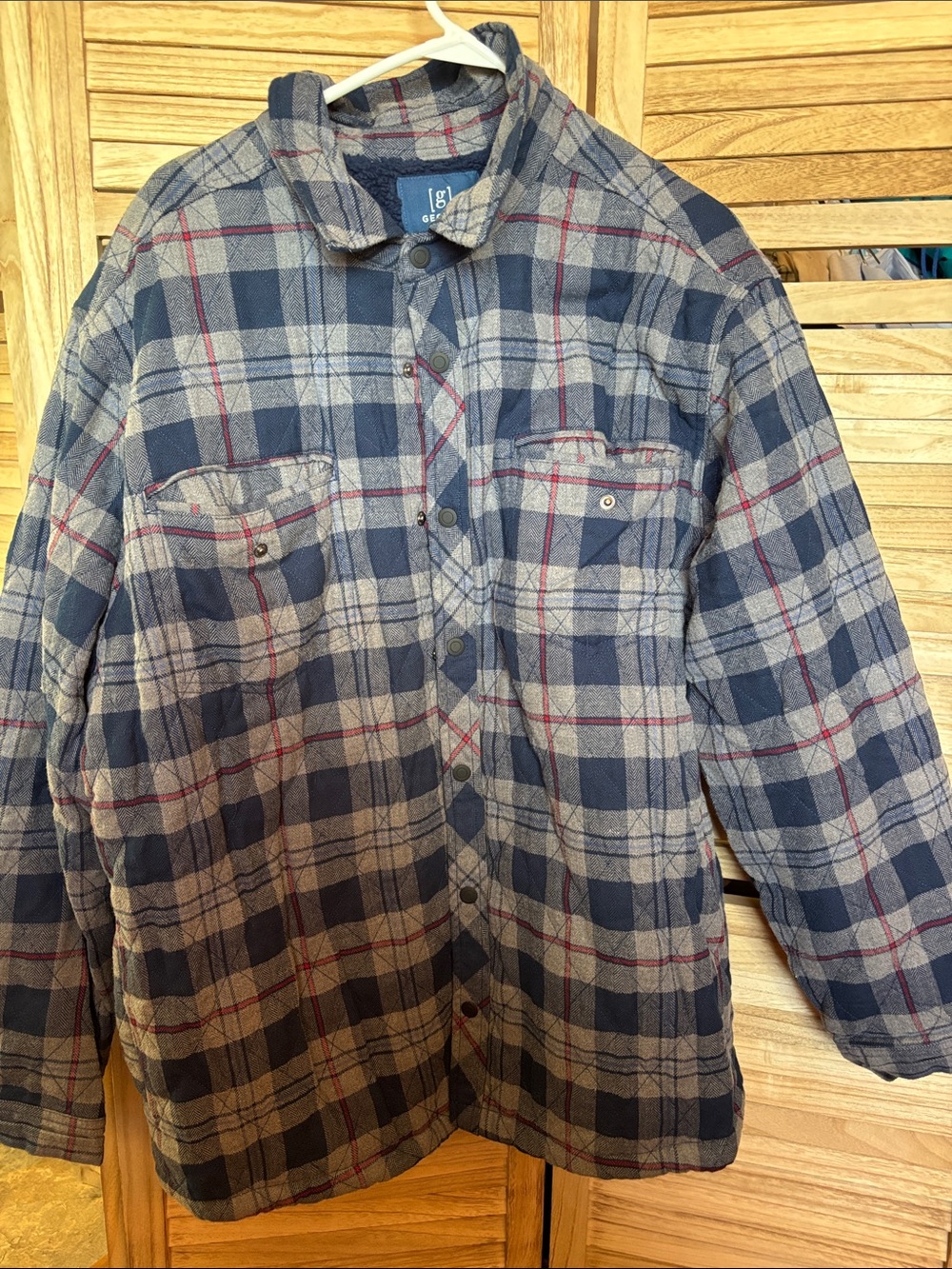 George Men's Blue and Gray Plaid Shirt Jacket with Red Accents 2XL